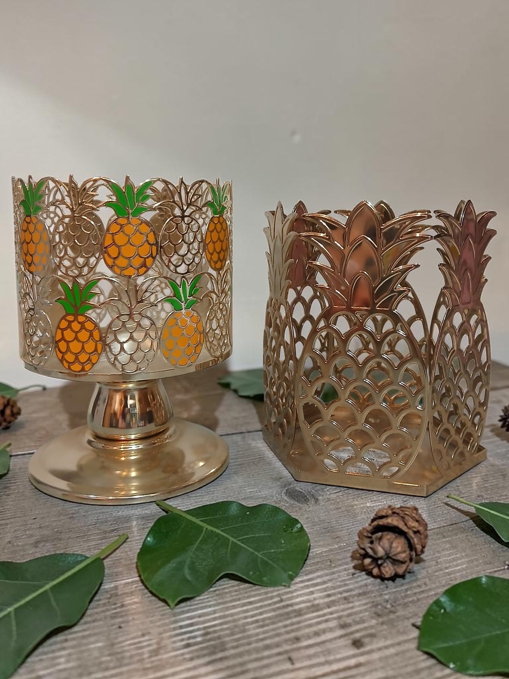 Bath & Body Works Gold Pineapple Candle Holders with Orange & Green Accents